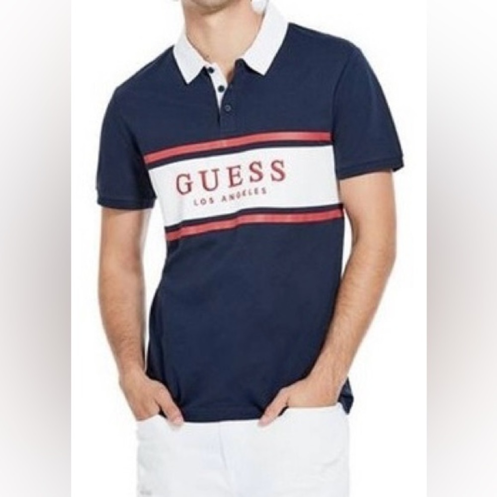 2/49$ Men’s GUESS‎ navy blue, white & red Polo size Large
